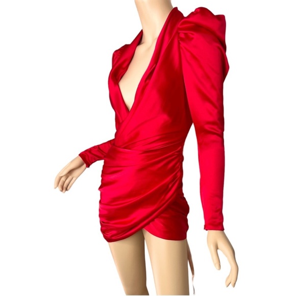 House Of CB Cocktail Dress Red Satin Long Sleeve V Neck Cocktail Dress Size XS - Picture 13 of 14
